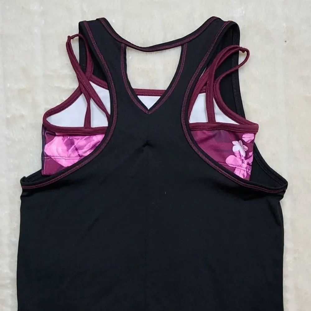 Justice Active Layered Sports Tank Top Black Pink Floral Athletic Tee Girls 10